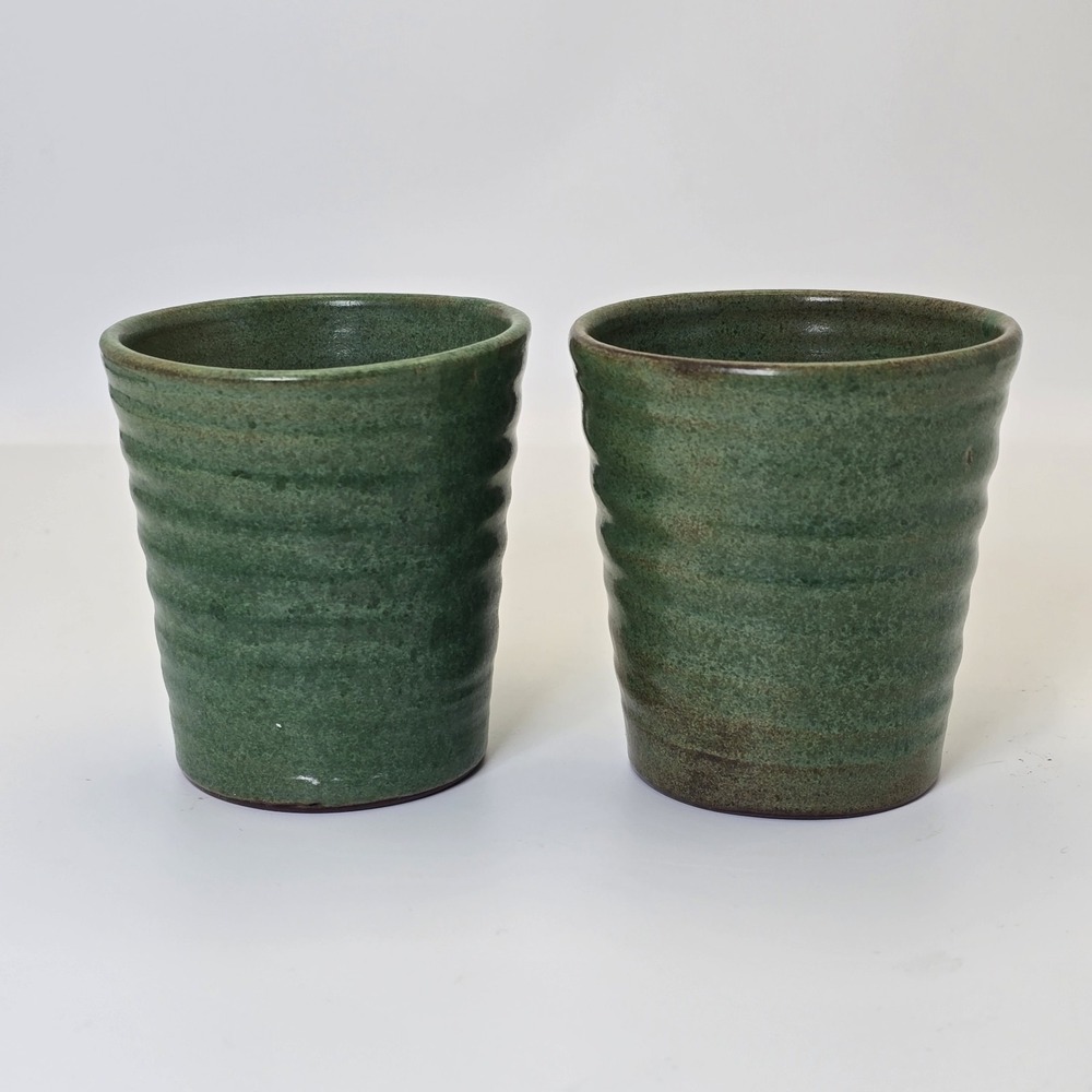Rackliffe Pottery Blue Hill Maine Green Studio Pottery Mug Pair Signed - Picture 7 of 13